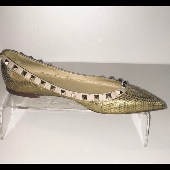 Valentino Shoes - Valentino Rock Stud Metallic Gold Snake Skin Flats
